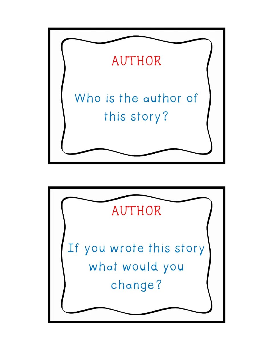 Response cards 11–12 ask who wrote the story and what students would change if they had written it