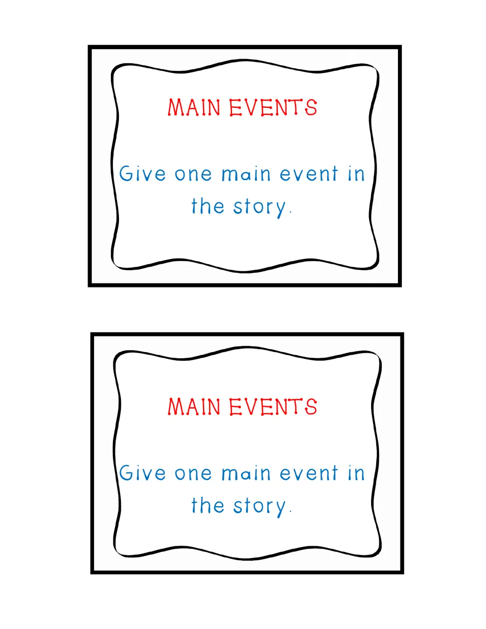 Response cards 13–14 repeat the Main Events prompt, asking students to give one main event in the story