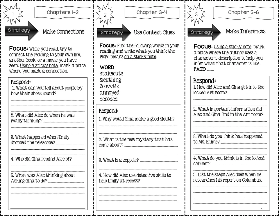 Trifold sections 1–3 cover chapters 1–6 through connections, context clues, and inferences about Alec and Gina.