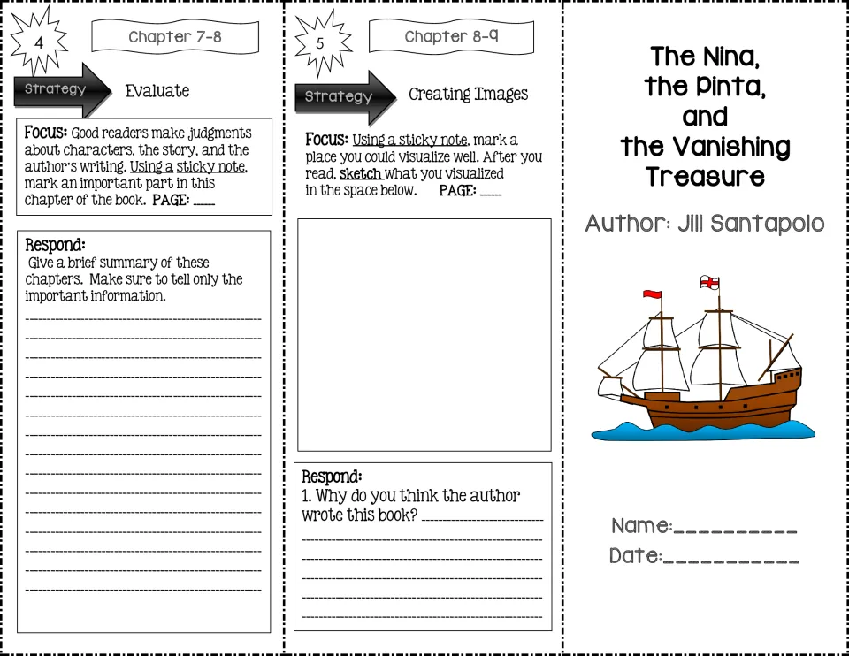 Trifold sections 4–5 ask for a chapters 7–8 summary, a chapters 8–9 visualization, and the author's purpose.