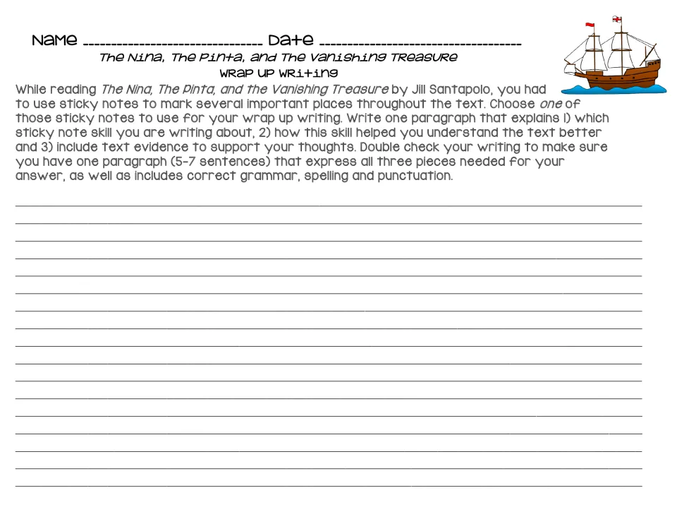Writing wrap-up asks for a 5–7 sentence paragraph explaining a sticky-note reading skill with text evidence.