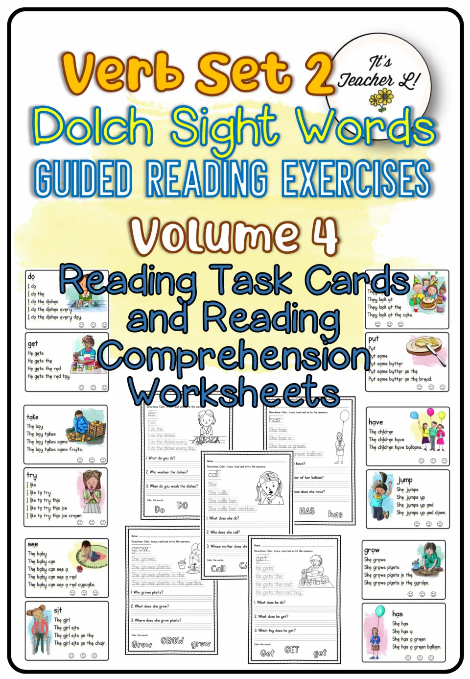 Cover of Verb Set 2, Volume 4, showing Dolch sight word reading cards and tracing and comprehension worksheets.