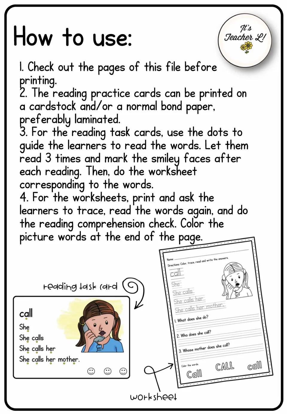 Directions for reading each verb card three times, marking smiley faces, and completing its matching worksheet.