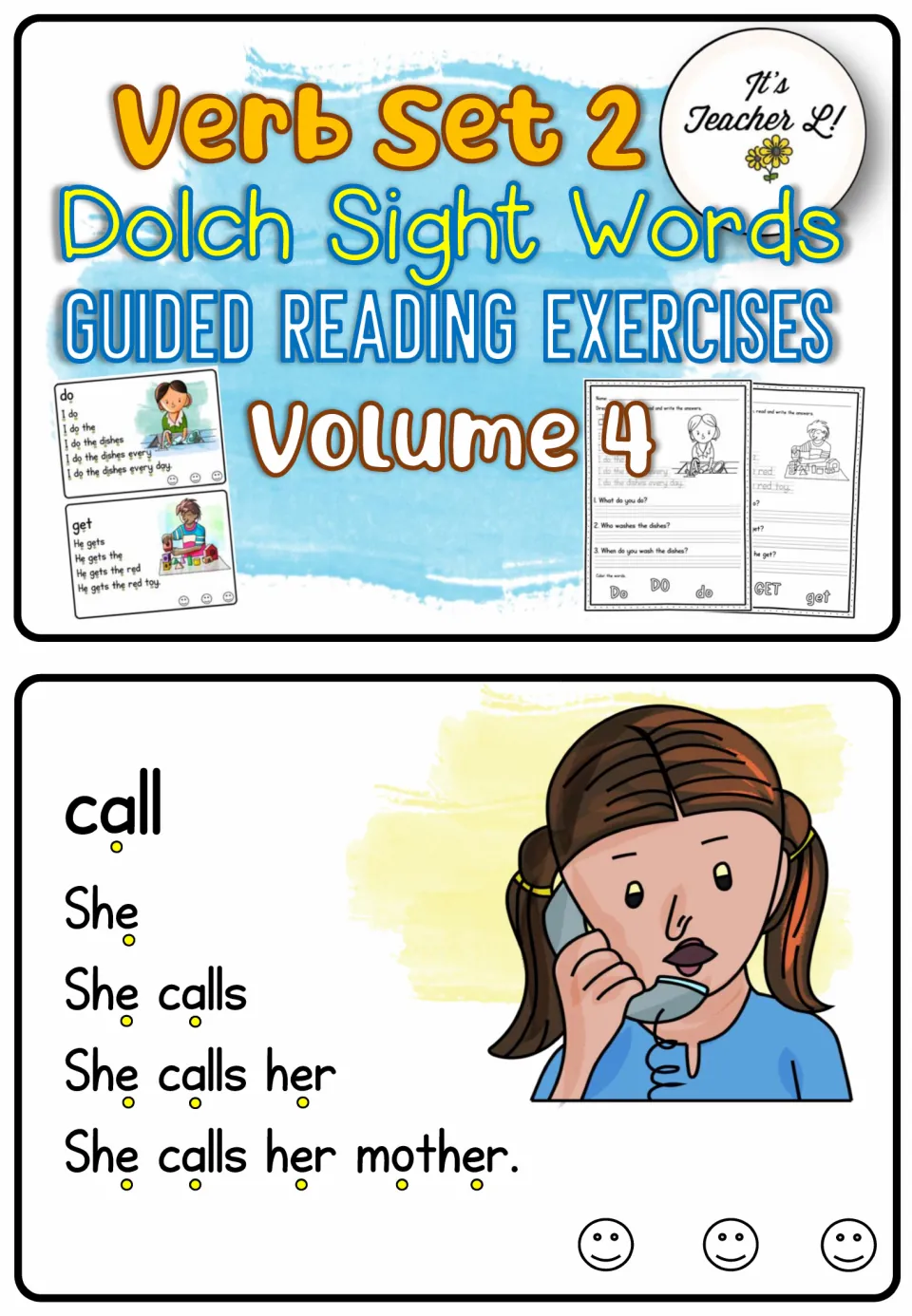 First verb reading card, call, builds to 'She calls her mother,' beneath the set's Volume 4 title panel.