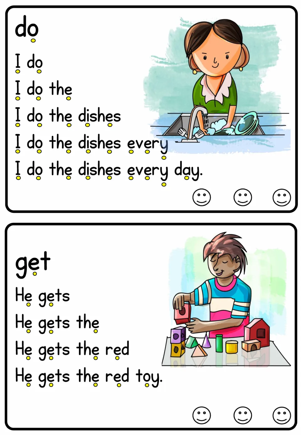 Verb reading cards for do and get build to 'I do the dishes every day' and 'He gets the red toy.'