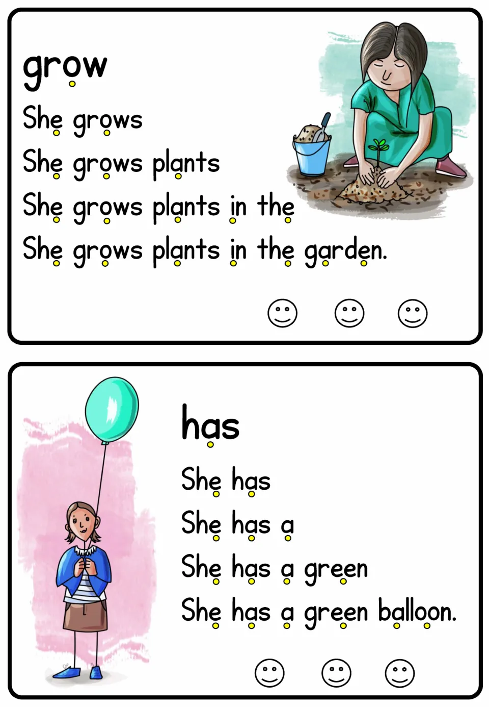 Verb reading cards for grow and has build sentences about growing plants in a garden and having a green balloon.