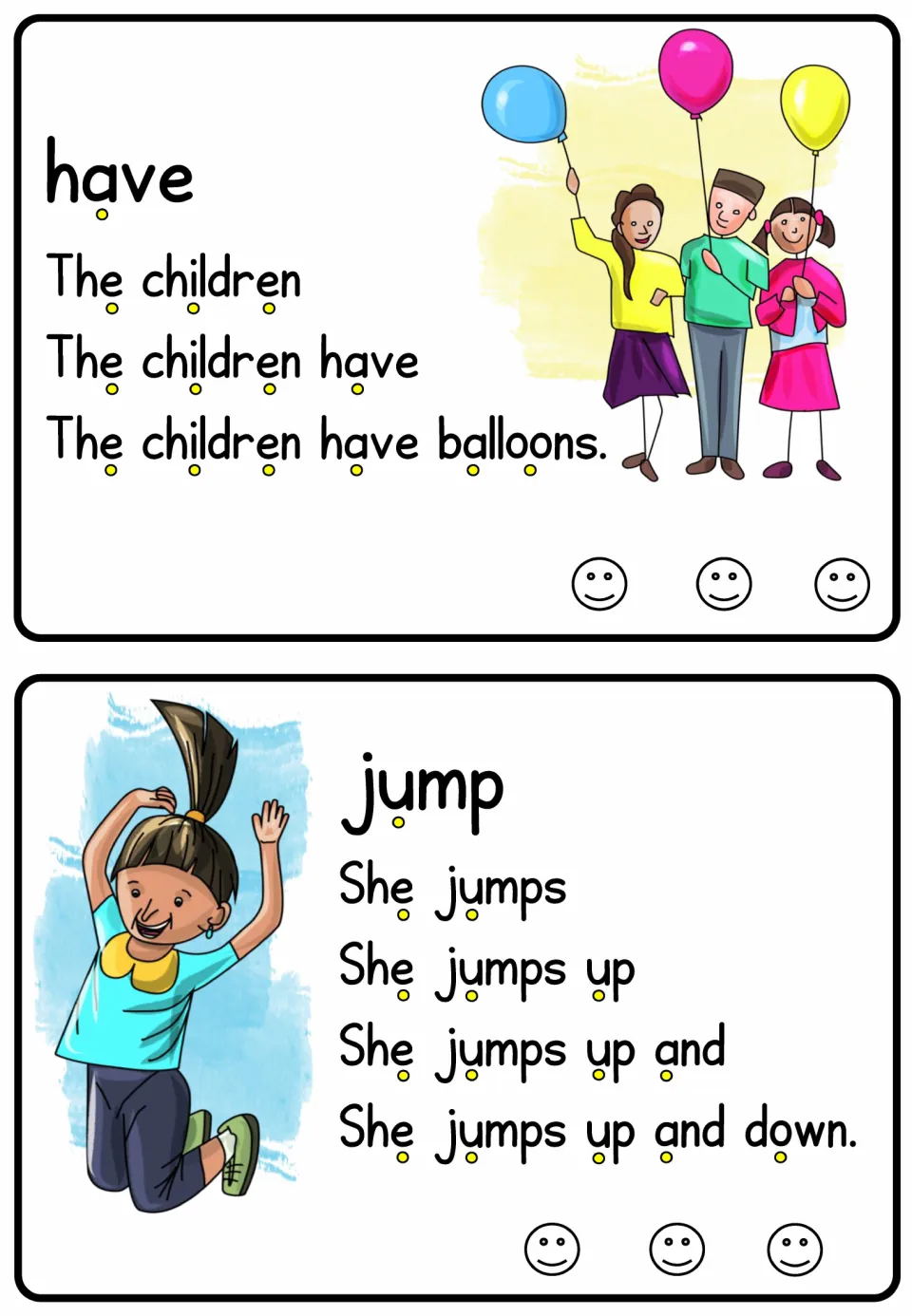 Verb reading cards for have and jump build to 'The children have balloons' and 'She jumps up and down.'