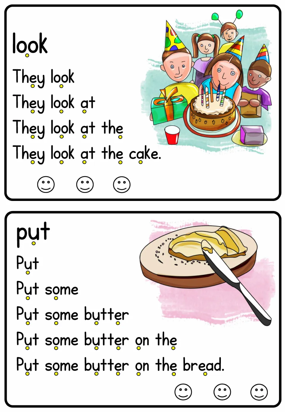 Verb reading cards for look and put build to 'They look at the cake' and 'Put some butter on the bread.'