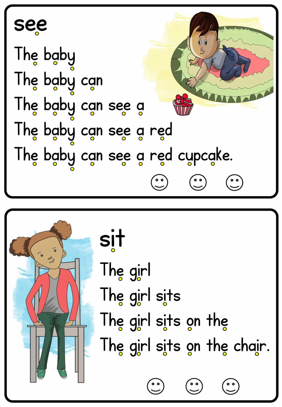 Verb reading cards for see and sit build sentences about a baby seeing a red cupcake and a girl sitting on a chair.