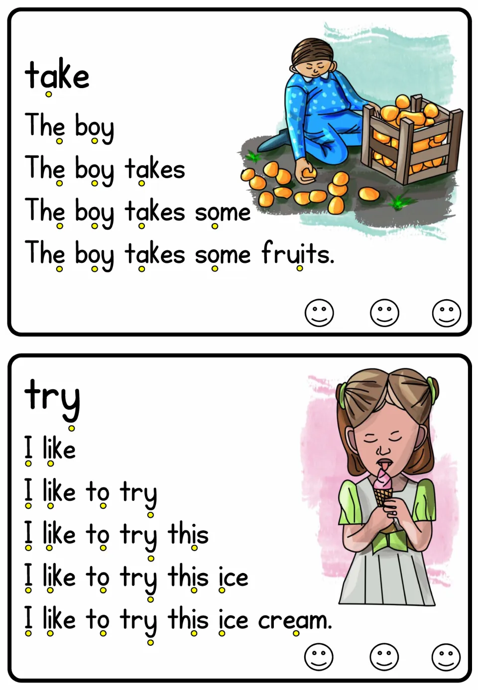 Verb reading cards for take and try build to 'The boy takes some fruits' and 'I like to try this ice cream.'