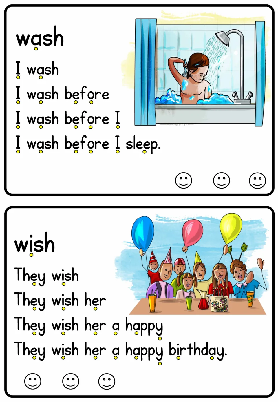 Verb reading cards for wash and wish build to 'I wash before I sleep' and 'They wish her a happy birthday.'