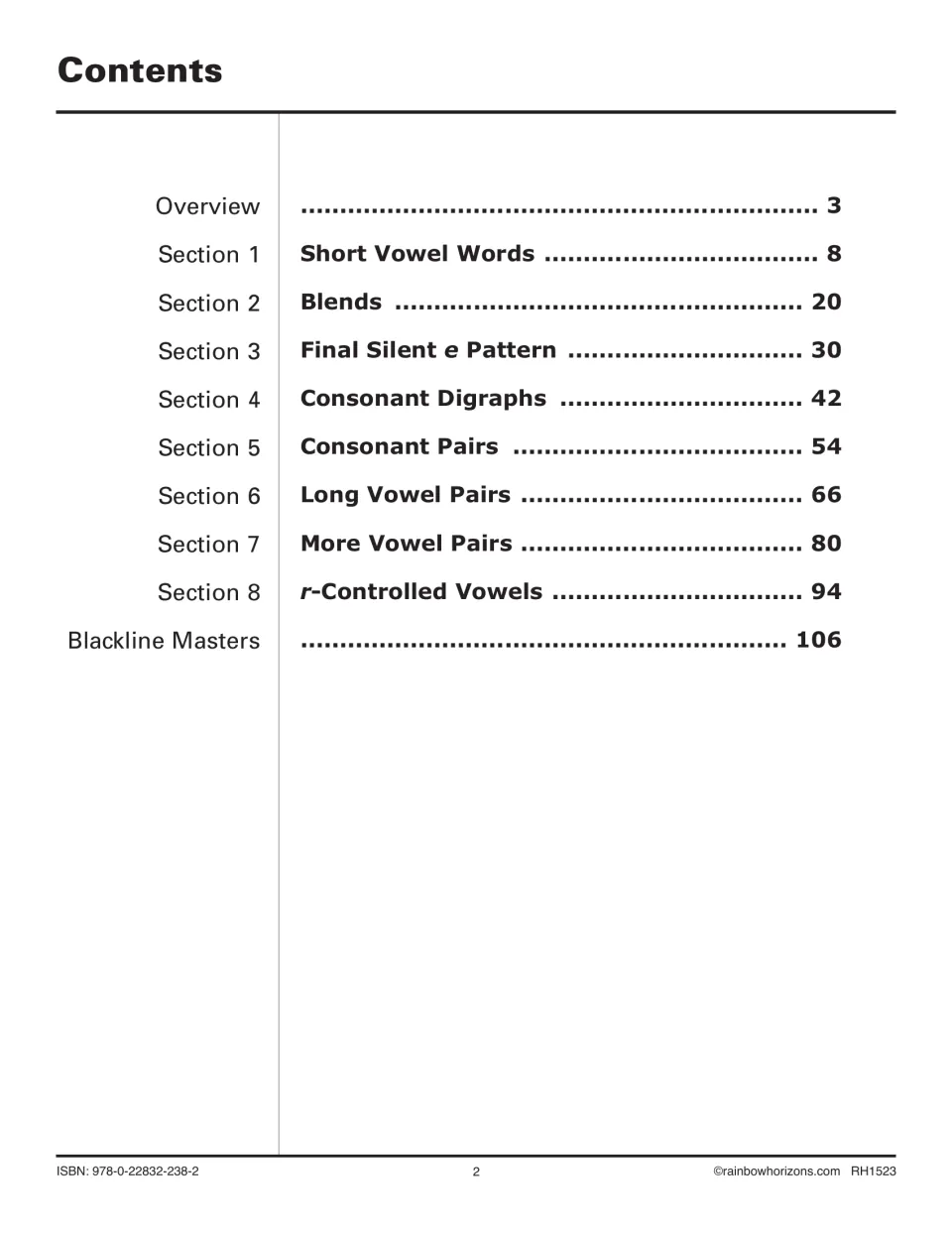 Contents listing the overview, eight phonics sections from short vowel words to r-controlled vowels, and blackline masters