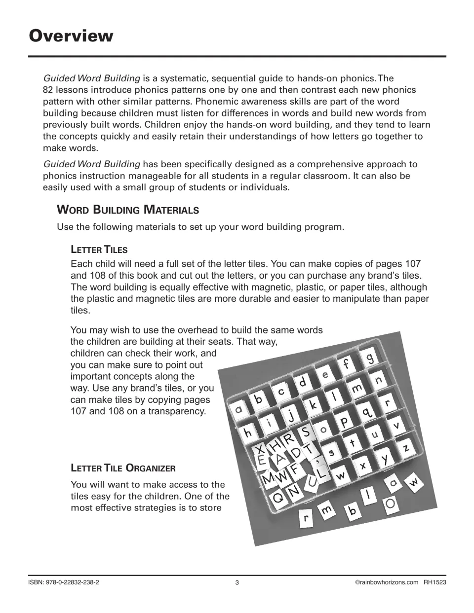 Overview of 82 hands-on phonics lessons and setup materials: letter tiles copied from pages 107-108 and a tile organizer