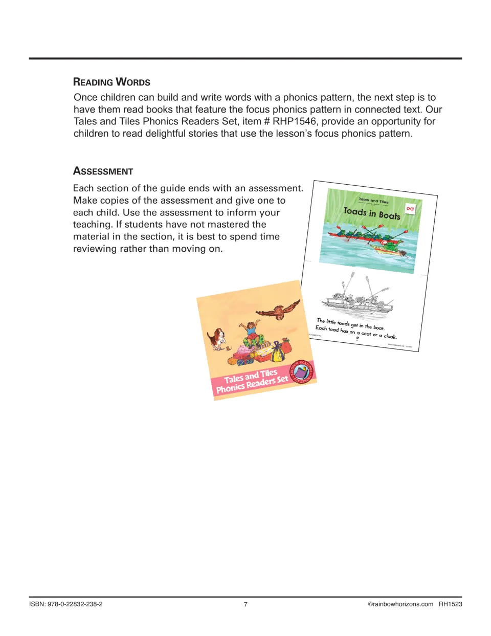 Reading Words and Assessment guidance: phonics readers such as Toads in Boats, and an assessment ending each section