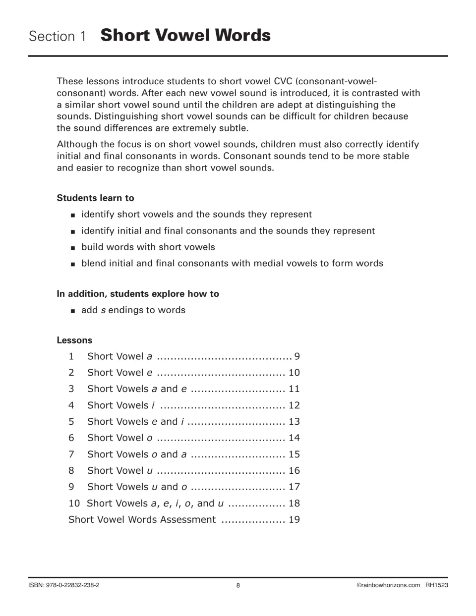 Section 1 Short Vowel Words introduction: CVC word goals, adding s endings, and a list of 10 lessons plus an assessment