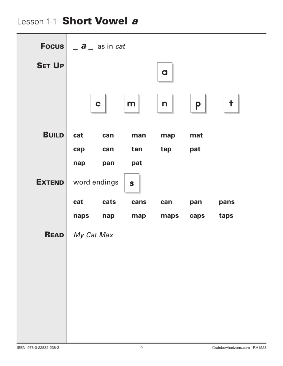 Lesson 1-1 Short Vowel a: students build cat, can, man, map and more with tiles a, c, m, n, p, t, then add s endings
