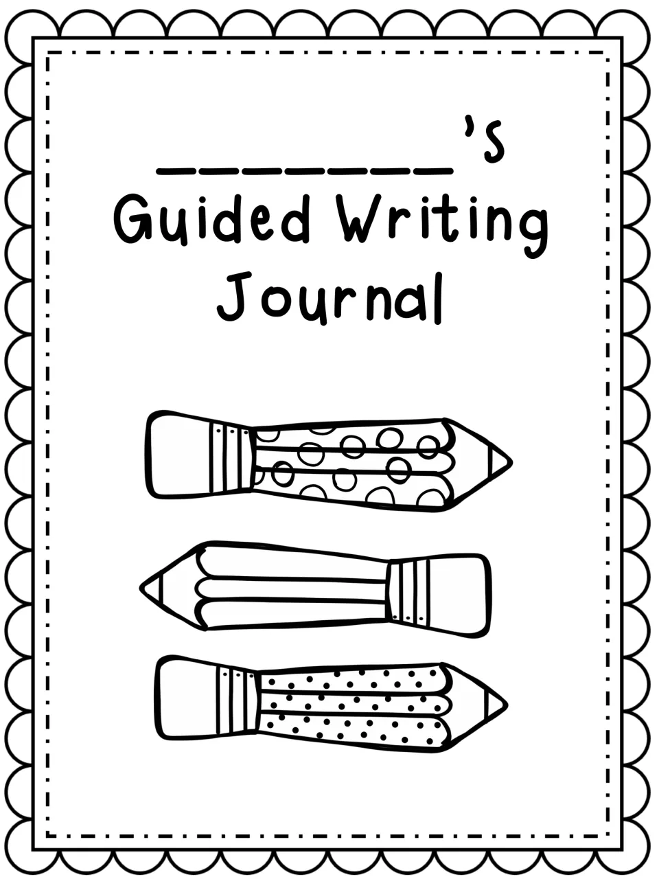 Guided Writing Journal cover with a blank for the student's name above three hand-drawn patterned pencils