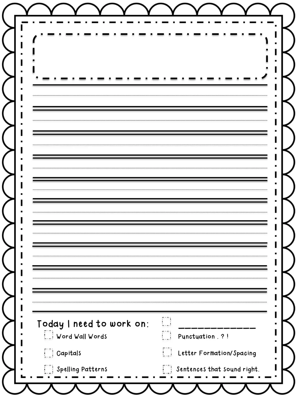 Writing page: students write, then tick a goal such as capitals, punctuation, spelling patterns or word wall words