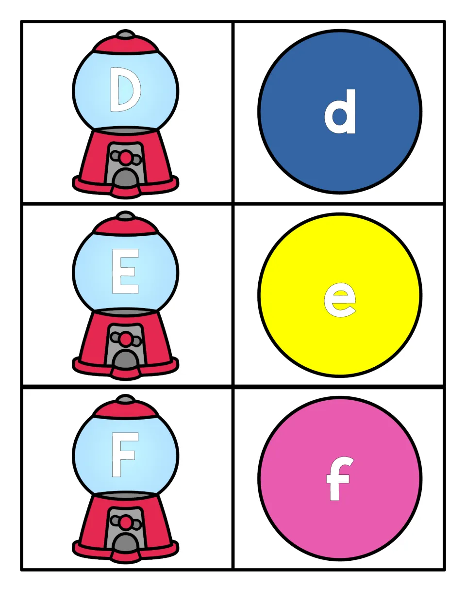 Letter matching D to F: students pair gumball machine cards for uppercase D, E, F with gumball cards for lowercase d, e, f