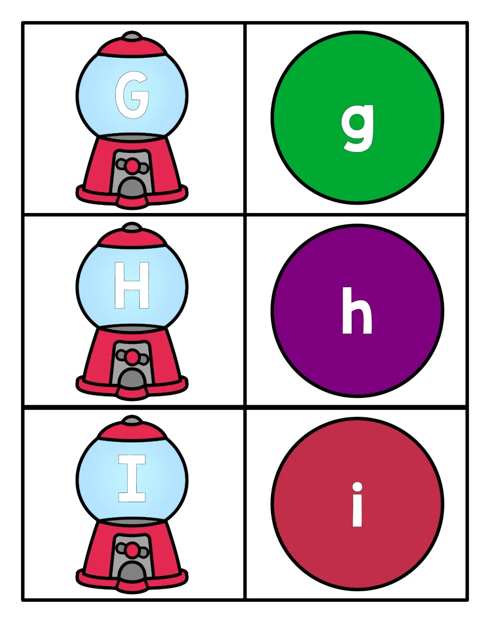 Letters G, H and I: uppercase G, H, I on gumball machines match lowercase g, h, i on green, purple and red gumballs