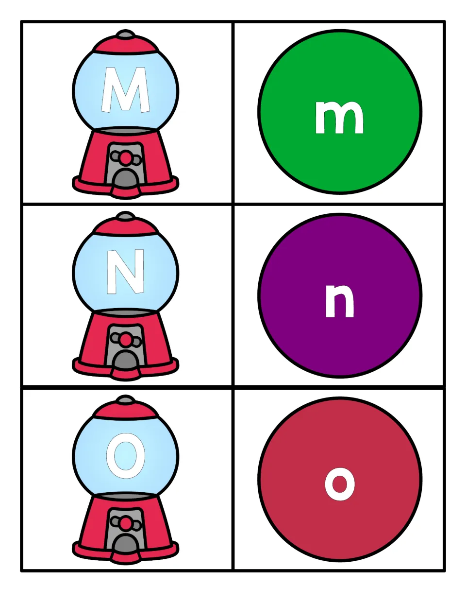Letters M, N and O: uppercase M, N, O on gumball machines pair with lowercase m, n, o on green, purple and red gumballs