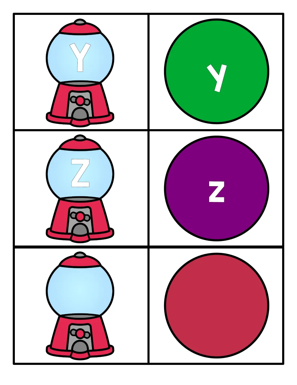 Letters Y and Z: uppercase Y, Z gumball machines match lowercase y, z gumballs, plus a blank machine and blank red gumball