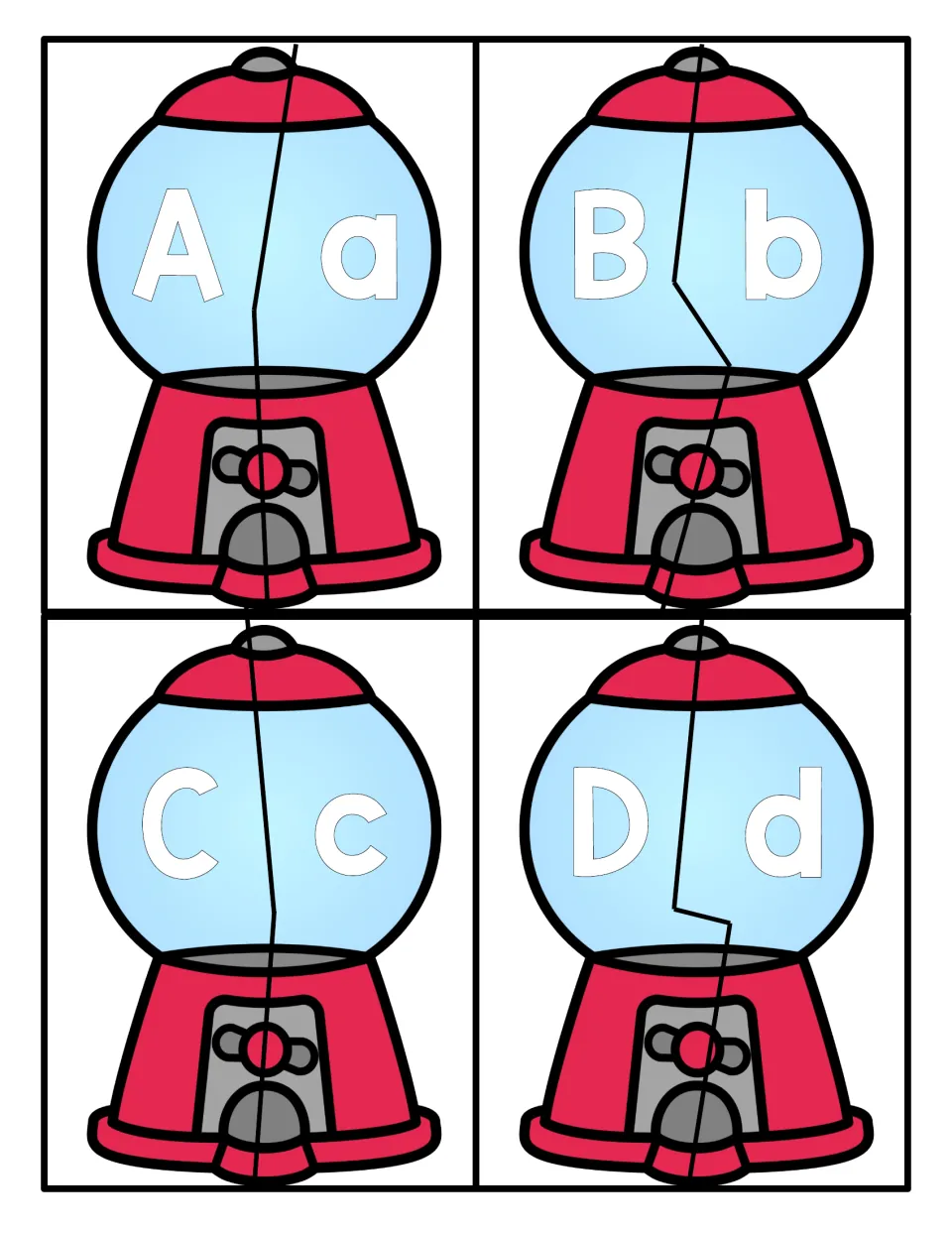 Letters A to D: four gumball machine puzzles, each cut in two so students match capital A, B, C or D to its lowercase