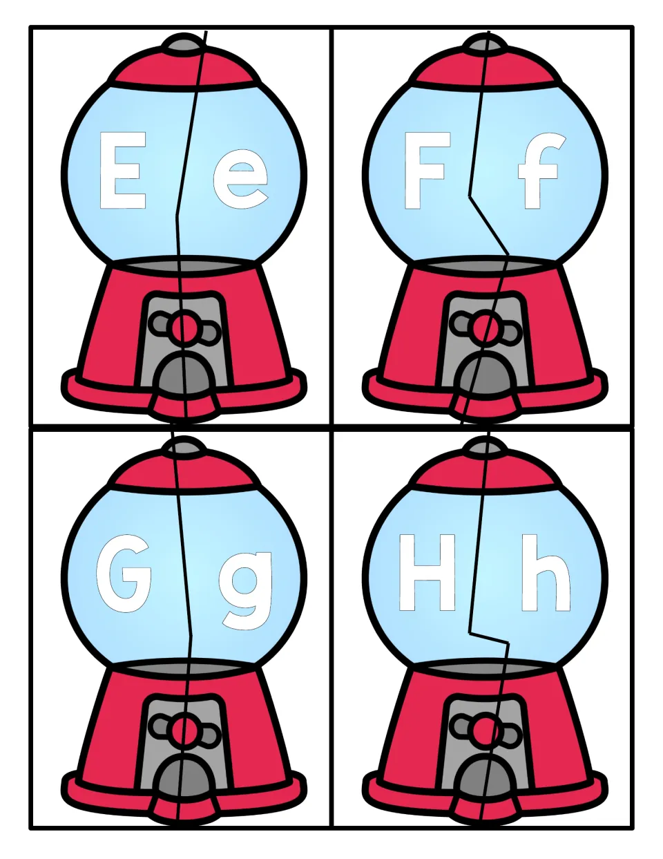 Letters E to H: gumball machine puzzles split down the middle; students join capital E, F, G, H with the lowercase half