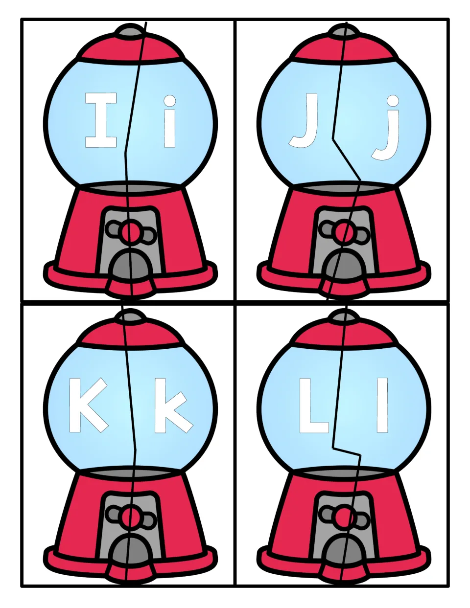 Letters I to L: two-piece gumball machine puzzles for matching capital I, J, K and L to lowercase i, j, k and l