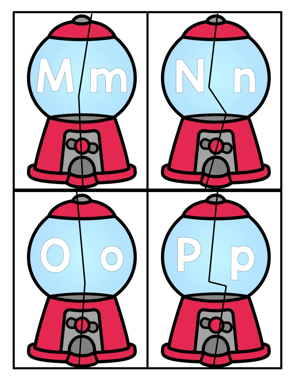 Letters M to P: gumball machine puzzles cut apart so students pair uppercase M, N, O, P with the matching lowercase