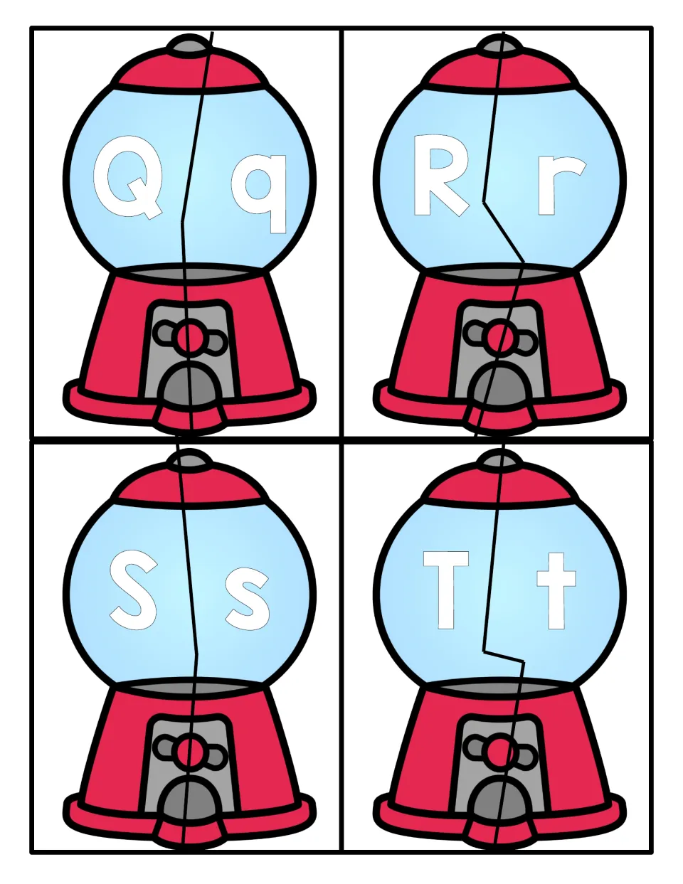 Letters Q to T: gumball machine halves to cut and rejoin, matching capital Q, R, S and T with lowercase q, r, s and t