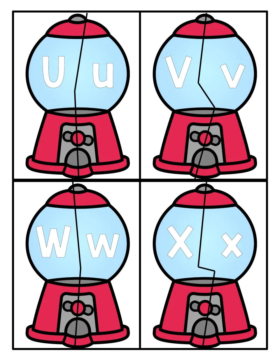 Letters U to X: gumball machine puzzles where students fit capital U, V, W or X to the half showing its lowercase letter