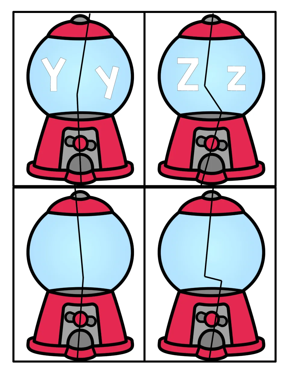Letters Y and Z: two gumball machine puzzles to match capital and lowercase Y and Z, plus two blank gumball puzzles