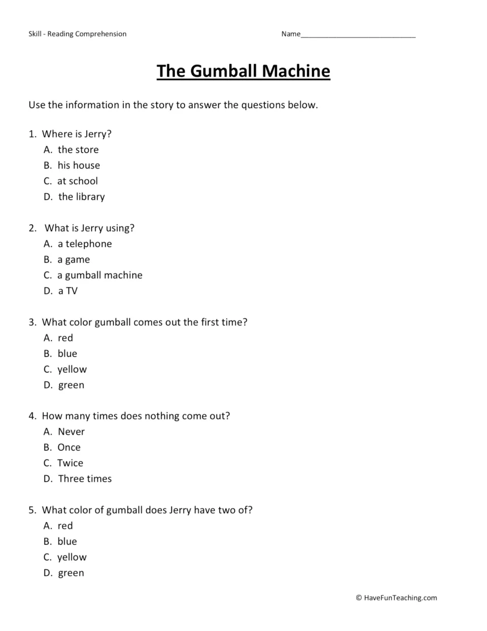 Five multiple-choice questions about Jerry's location, the machine, gumball colors, and two failed turns.