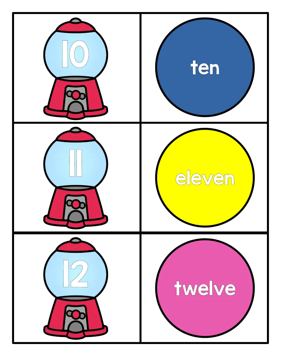 Numbers 10 to 12: gumball machines labeled 10, 11 and 12 to match with circle cards spelling ten, eleven and twelve