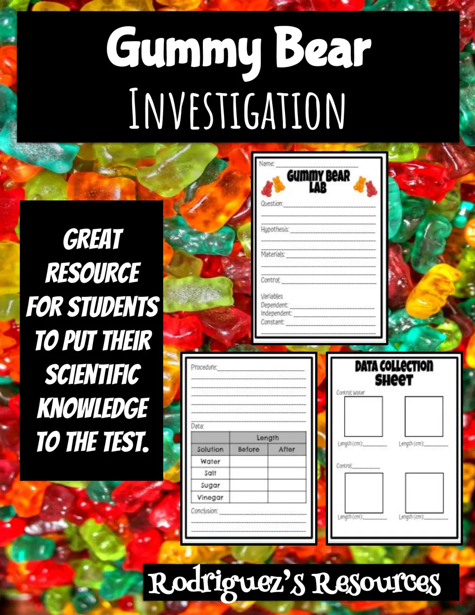Gummy Bear Investigation cover previewing the lab sheet, procedure and data table, and a data collection sheet