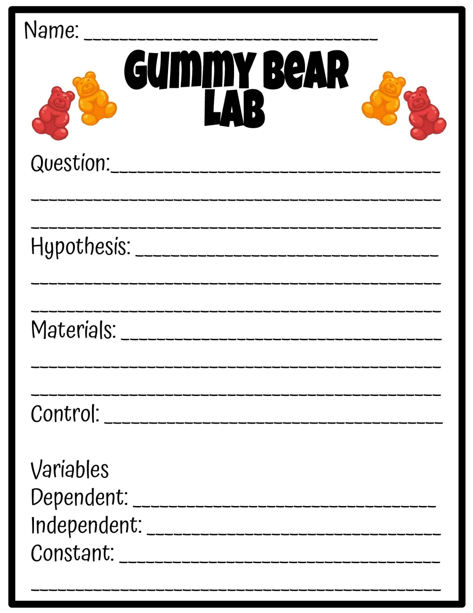 Planning sheet: students record question, hypothesis, materials, control and dependent, independent, constant variables