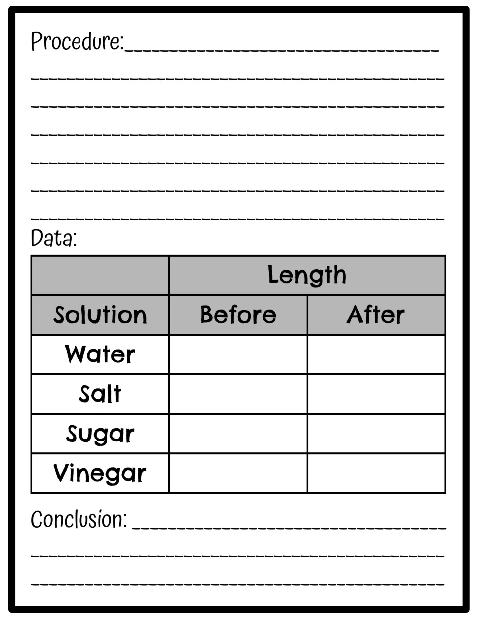 Procedure and data: students log gummy bear length before and after in water, salt, sugar and vinegar, then conclude