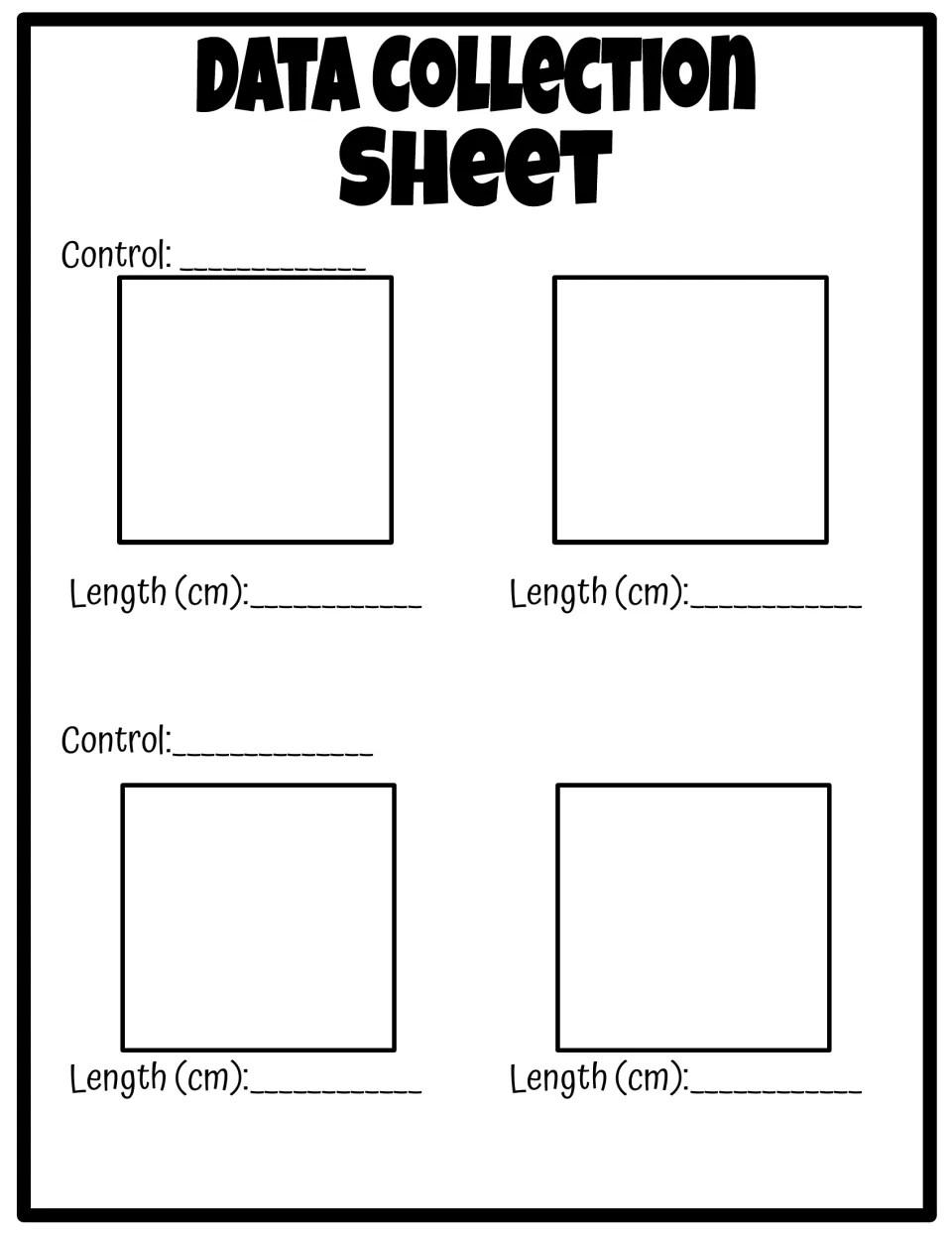 Blank data collection sheet: students name each solution tested, draw the gummy bears and note lengths in centimeters