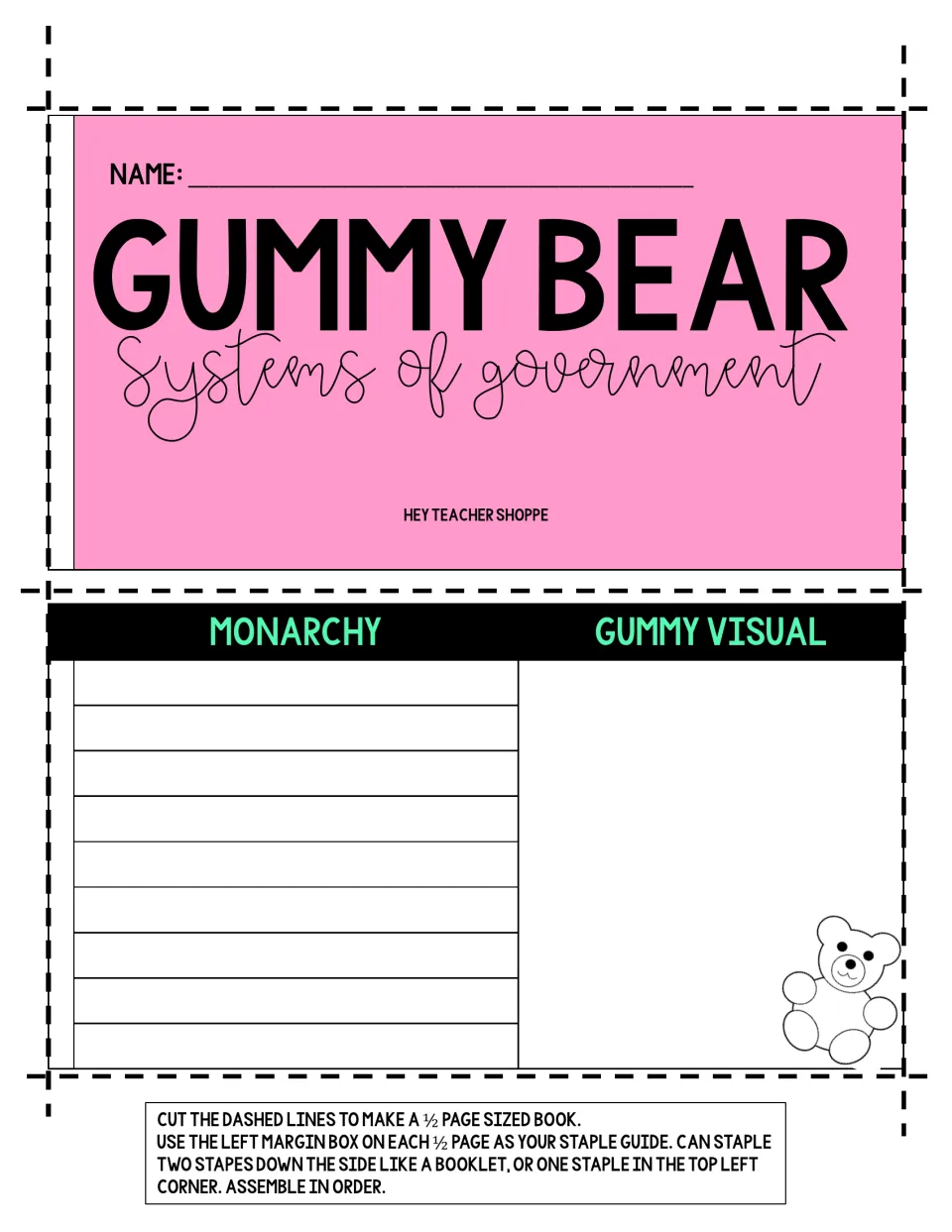 Pink booklet cover with name line, then a Monarchy notes half page and Gummy Visual space; cut on dashes and staple in order