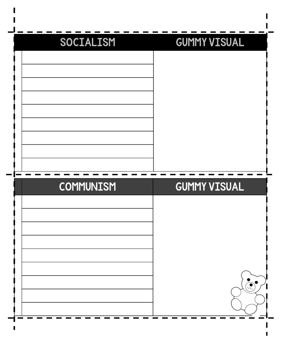 Socialism and Communism half pages: final notes and Gummy Visual spaces where students build and sketch each system