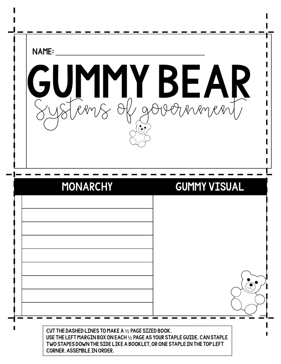 Black-and-white booklet cover with name line and bear, plus the Monarchy notes and Gummy Visual half page