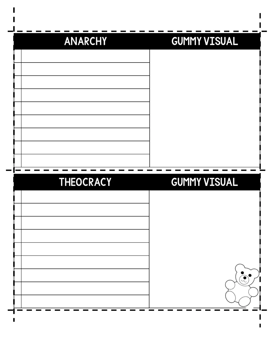 Black-and-white Anarchy and Theocracy half pages for notes and space to model each system with gummies