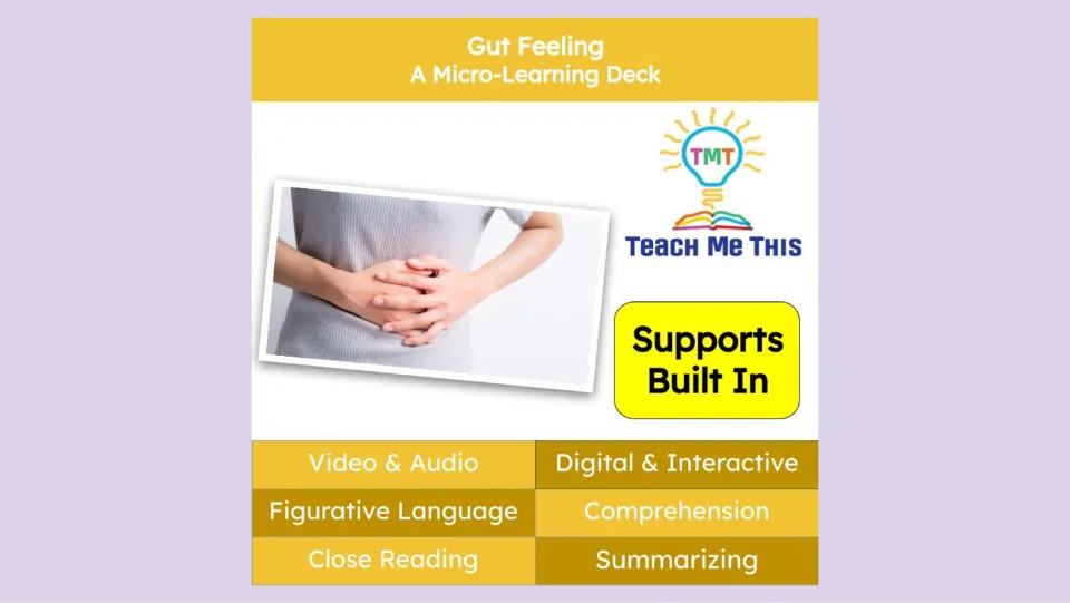 Gut Feeling micro-learning deck cover lists video, audio, figurative language, comprehension, and summarizing.