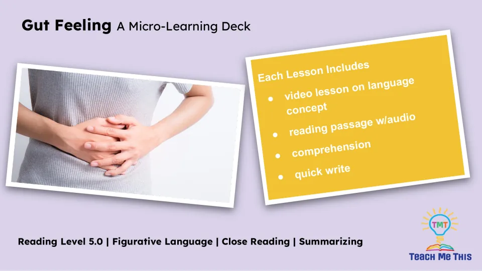 Lesson overview lists a language concept video, reading passage with audio, comprehension, and quick write.