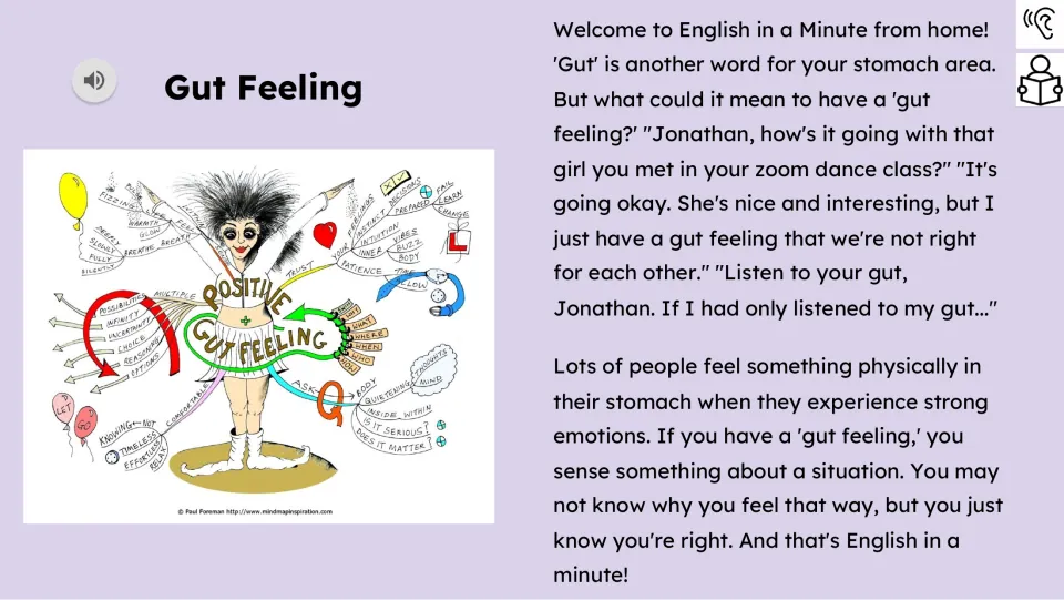 Reading passage with audio explains 'gut feeling' through a dating conversation and feelings in the stomach.