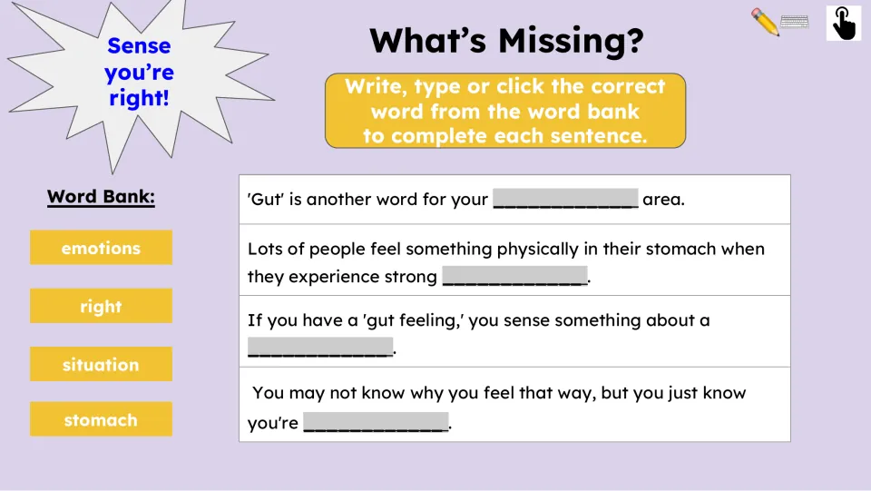 Fill-in-the-blank comprehension activity has four sentences and the words emotions, right, situation, and stomach.