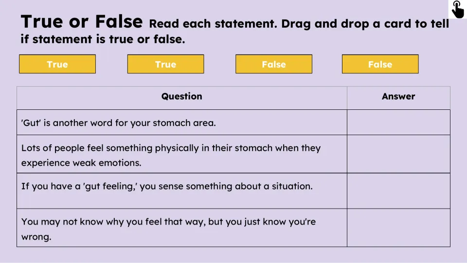 True-or-false comprehension activity checks four statements about the stomach, emotions, and gut feelings.