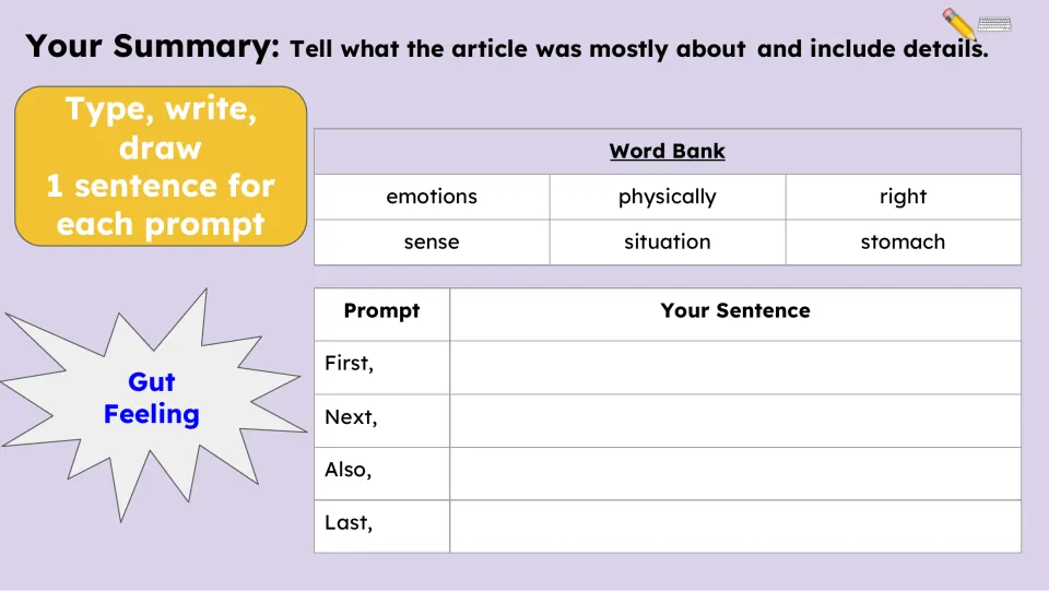 Summary writing activity asks for one sentence each using First, Next, Also, and Last, with a six-word bank.