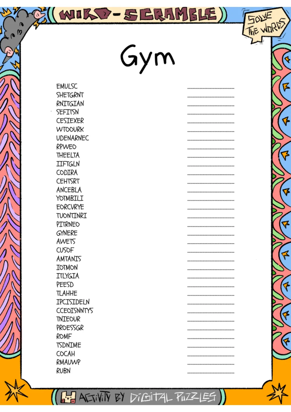 Gym word scramble: students unscramble 35 fitness words such as EMULSC and SHETGRNT and write each on its line